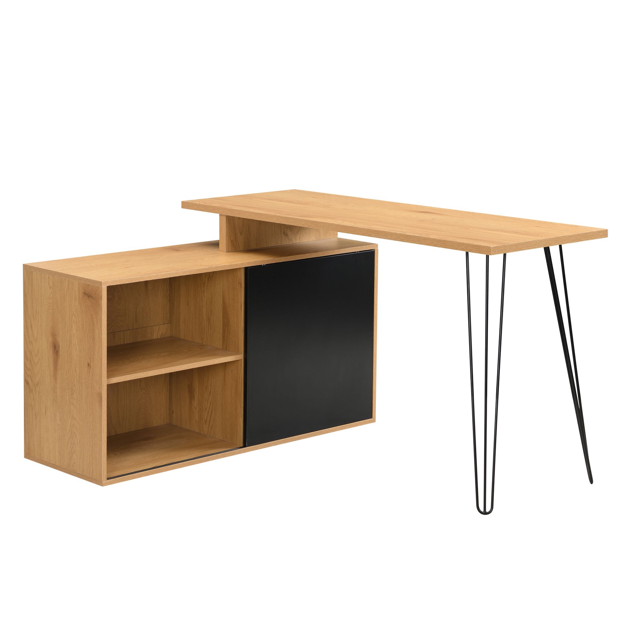 FineBuy Schreibtisch MDF 130cm Eiche Dekor Schwarz L Form mit Regal - Design Eckschreibtisch mit Schrank - Computertisch Holzoptik - Schreibtischkombination Schiebetür Stauraum Hairpin Homeoffice