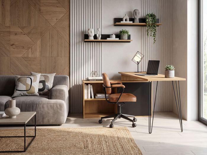 FineBuy Schreibtisch MDF 130cm Eiche Dekor Schwarz L Form mit Regal - Design Eckschreibtisch mit Schrank - Computertisch Holzoptik - Schreibtischkombination Schiebetür Stauraum Hairpin Homeoffice