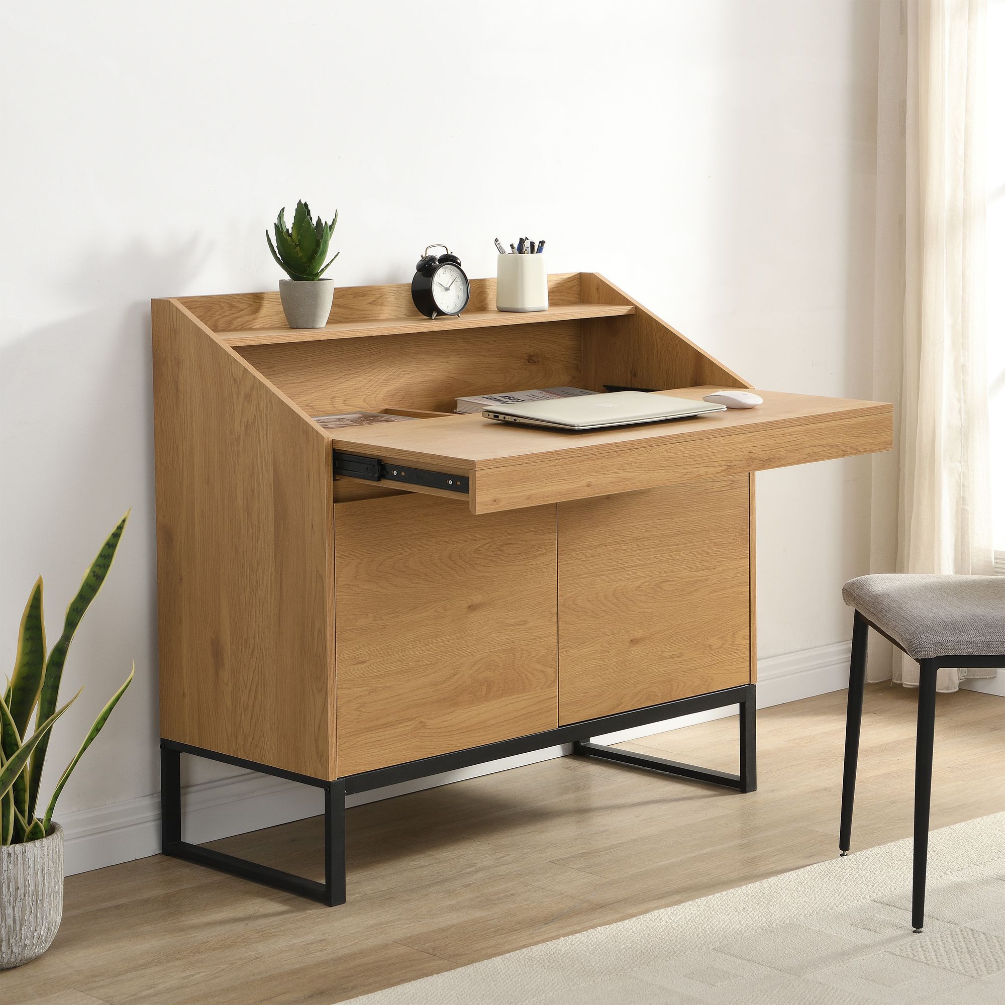 Sekretär MDF 100cm Eiche Dekor Kompakt Schreibtisch mit Stauraum Home Office – Ansicht 1