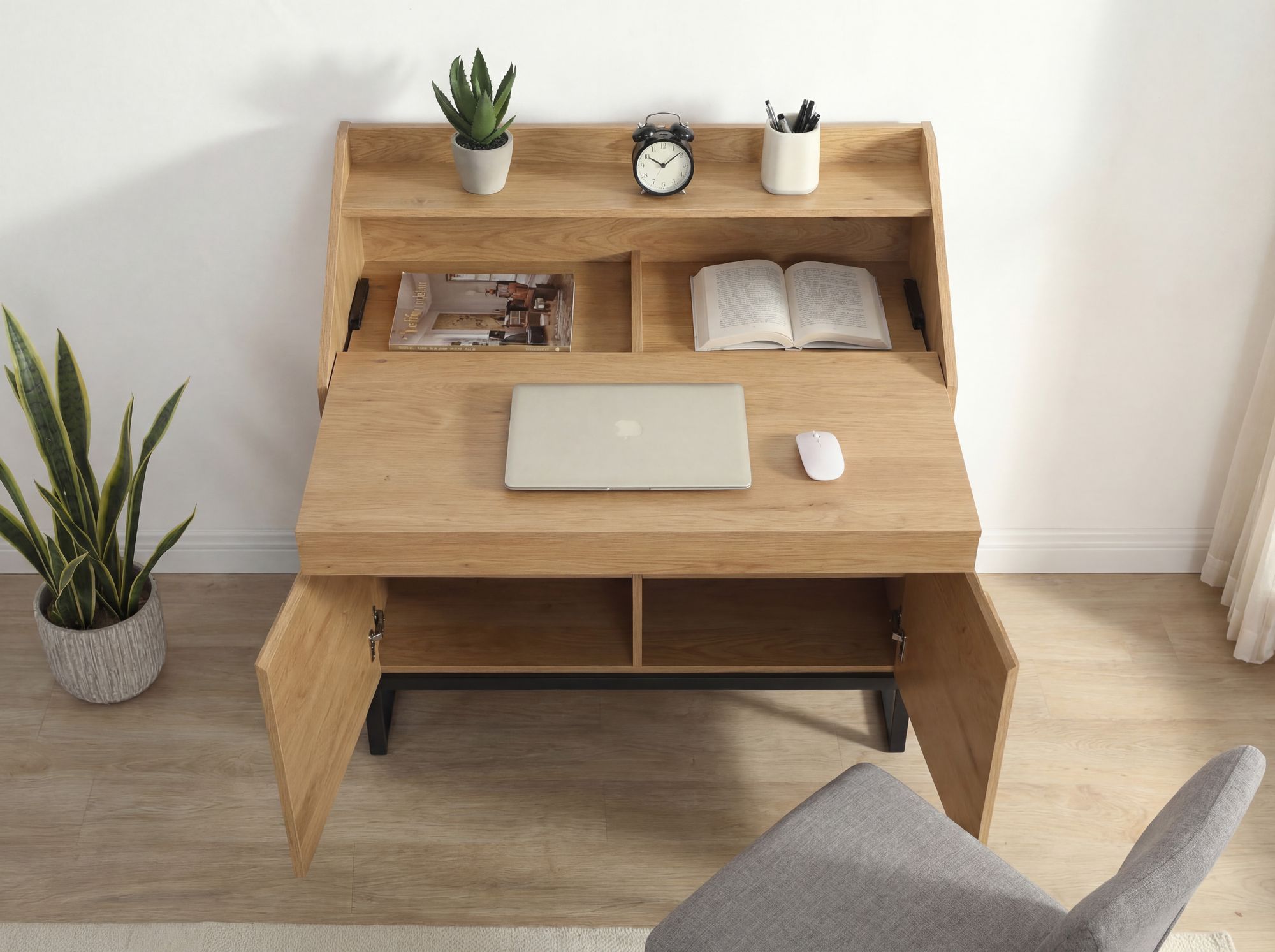 Sekretär MDF 100cm Eiche Dekor Kompakt Schreibtisch mit Stauraum Home Office – Ansicht 5