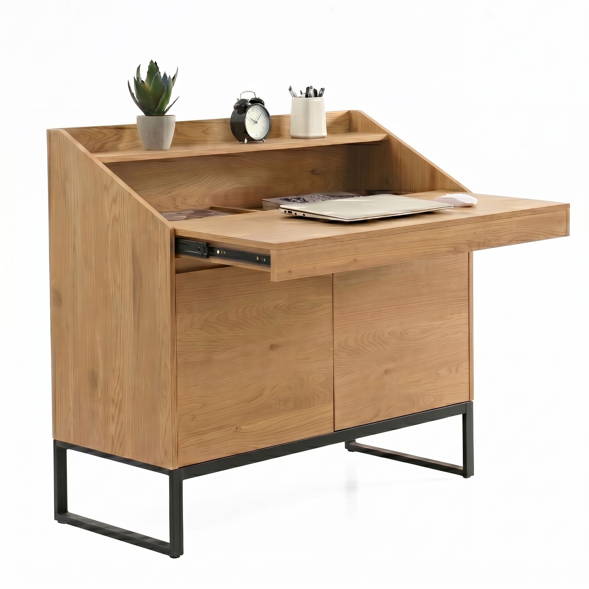 Sekretär MDF 100cm Eiche Dekor Kompakt Schreibtisch mit Stauraum Home Office – Ansicht 6