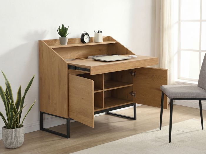FineBuy Sekretär MDF 100cm Eiche Dekor Metall Beine Rechteckig - Design Kompakt Schreibtisch Ausziehbar mit Stauraum - Schreibtisch Holzoptik - Bürotisch mit Schrank Home Office