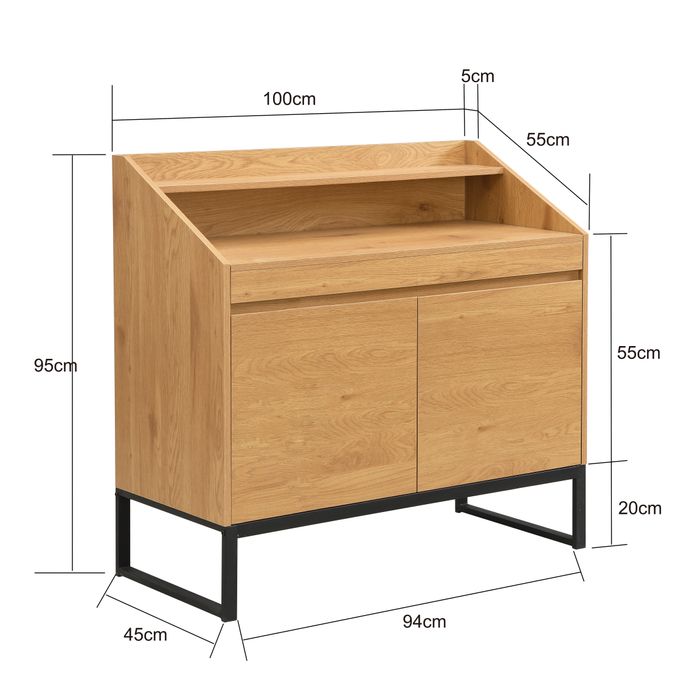 Sekretär MDF 100cm Eiche Dekor Kompakt Schreibtisch mit Stauraum Home Office – Maßzeichnung