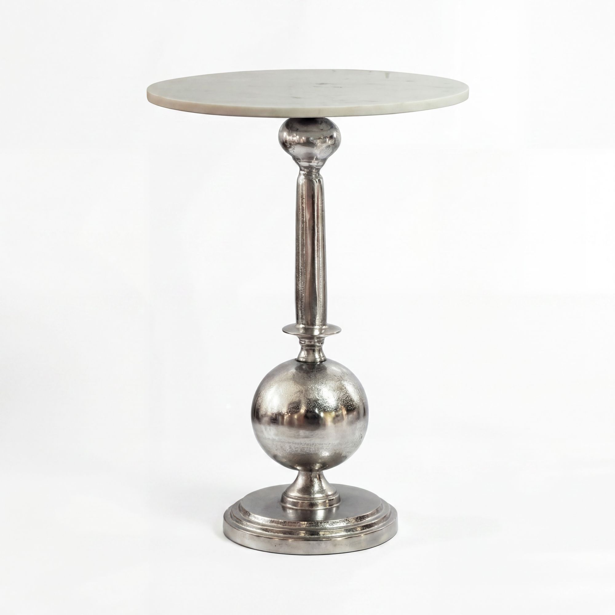 FineBuy Beistelltisch Rund 40x40cm Silber mit massiver Marmorplatte Weiß - Design Anstelltisch Metall Naturstein - Loungetisch Couchtisch Art Déco - Sofatisch Wohnzimmertisch Handmade
