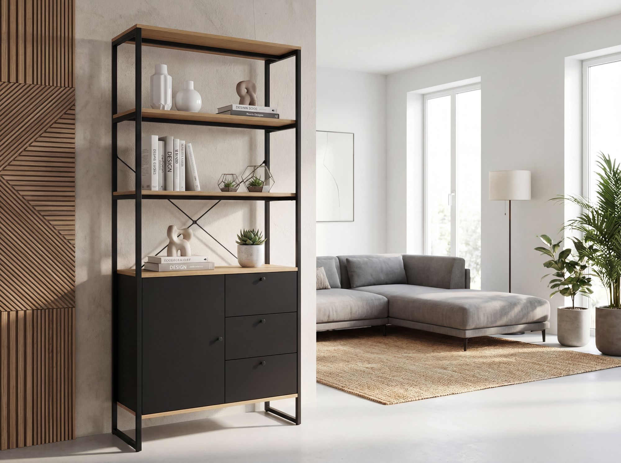 Bücherregal 180cm Eiche Dekor Mehrzweckregal Standregal Regal Schubladen & Tür – Ansicht 2