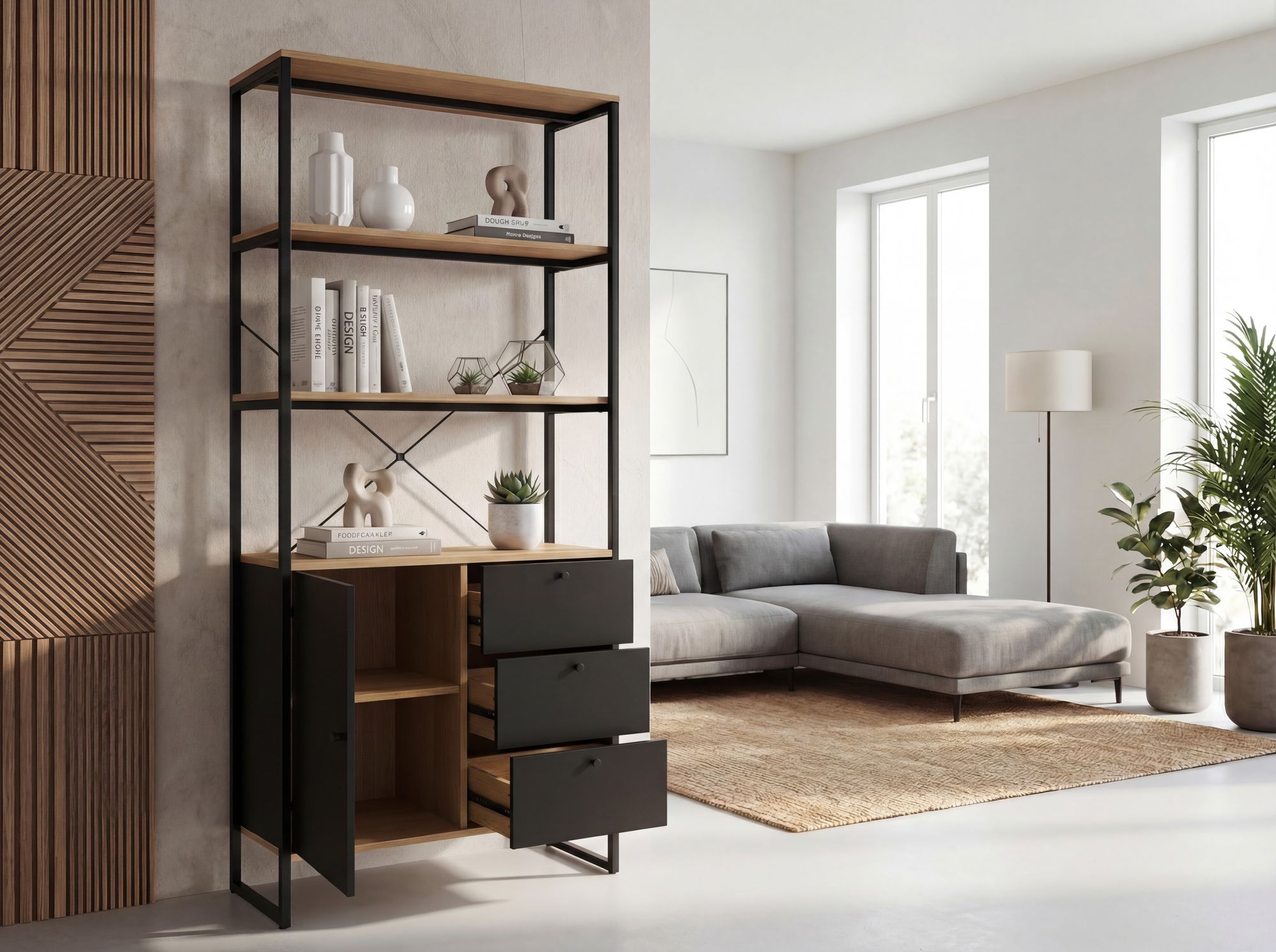 Bücherregal 180cm Eiche Dekor Mehrzweckregal Standregal Regal Schubladen & Tür – Ansicht 4