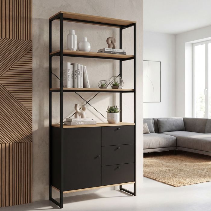 FB116813 FineBuy Bücherregal MDF Metall 180cm Eiche Dekor Schwarz - Design Standregal - Mehrzweckregal Holzoptik hoch - Regal mit Schubladen und Tür - Stauraumregal Wohnzimmerregal