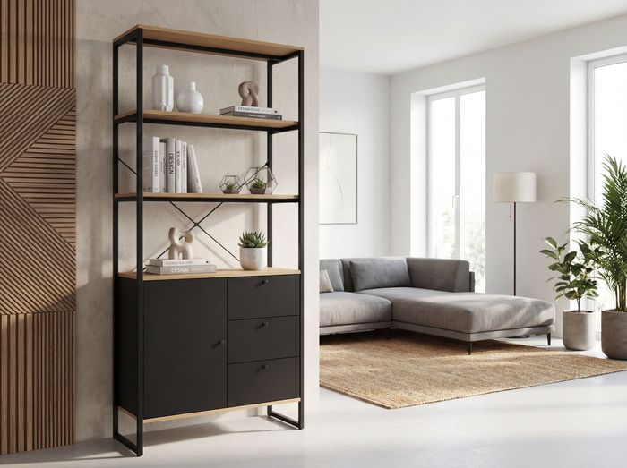 FineBuy Bücherregal MDF Metall 180cm Eiche Dekor Schwarz - Design Standregal - Mehrzweckregal Holzoptik hoch - Regal mit Schubladen und Tür - Stauraumregal Wohnzimmerregal