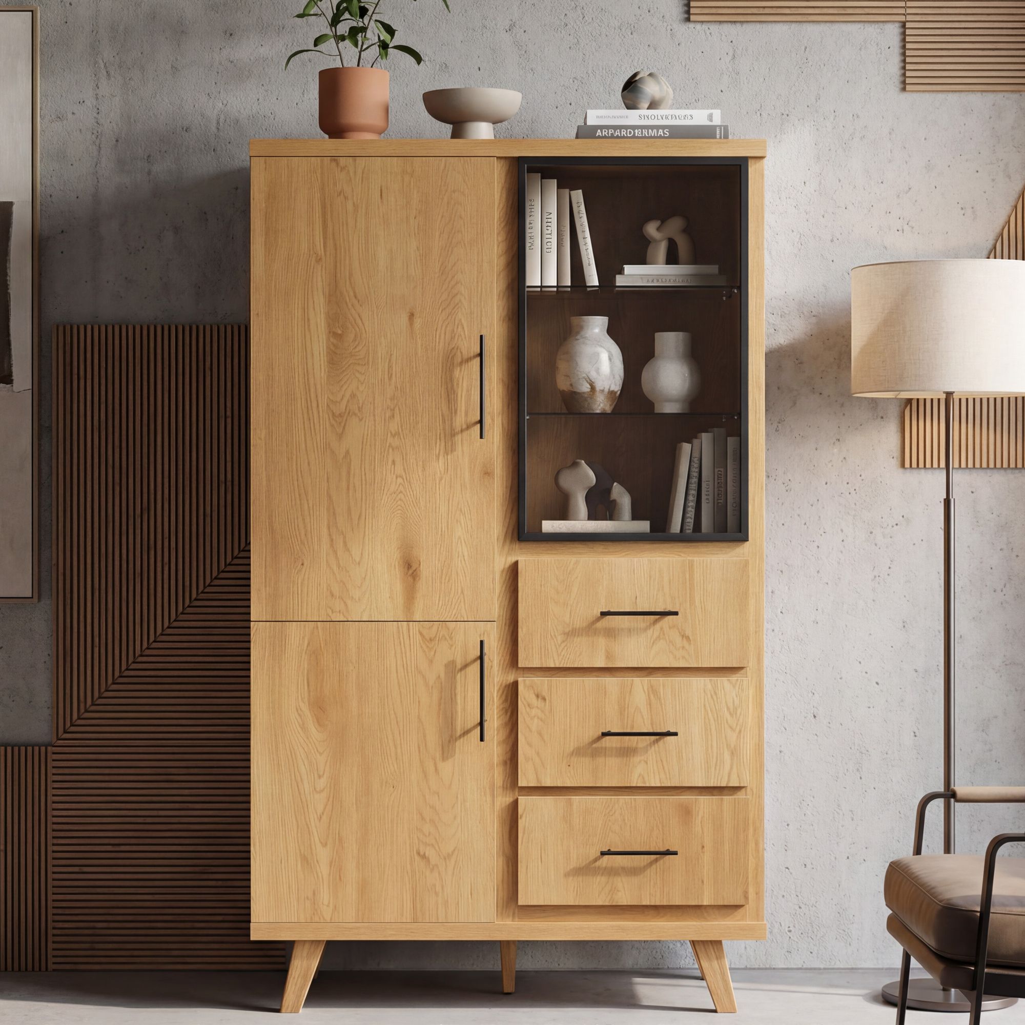 Hochschrank 188cm Eiche Dekor Standschrank mit Türen Schubladen Mehrzweckschrank – Ansicht 1