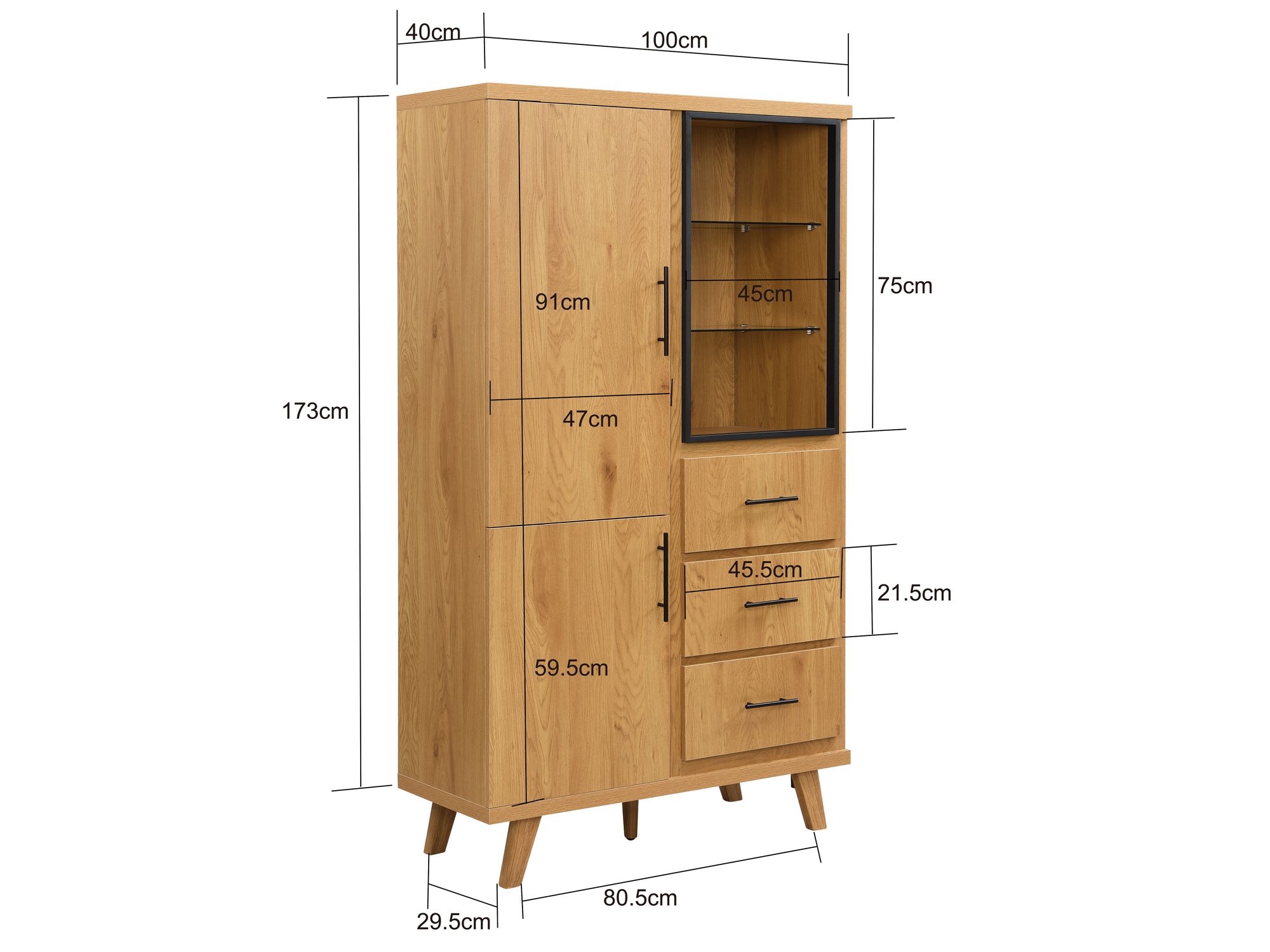 Hochschrank 188cm Eiche Dekor Standschrank mit Türen Schubladen Mehrzweckschrank – Ansicht 3