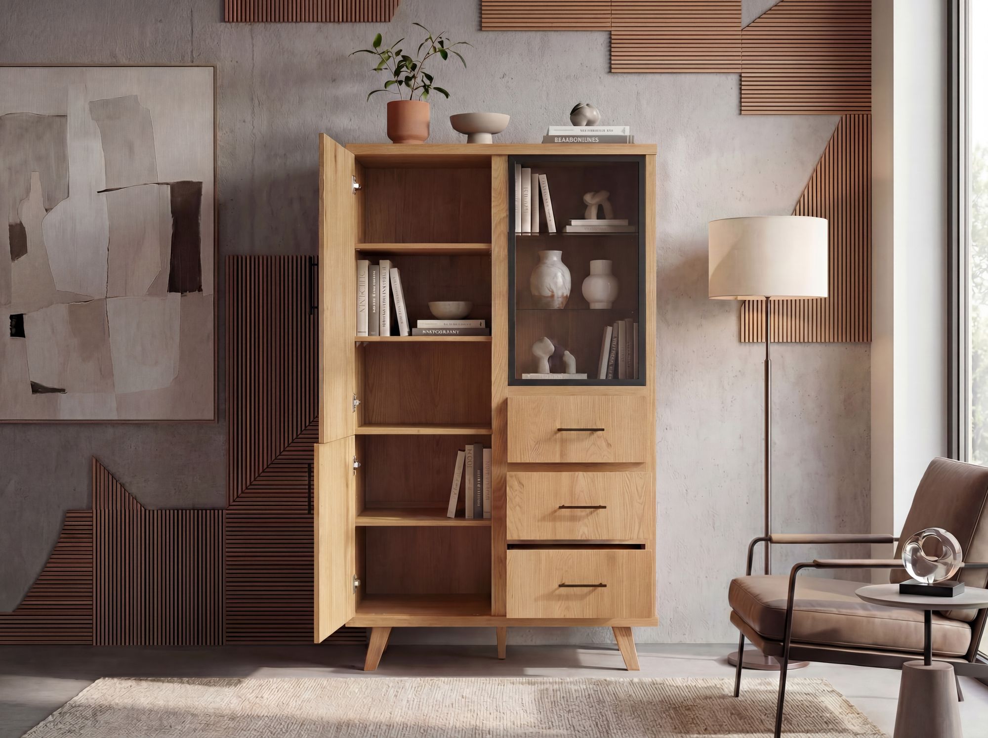 Hochschrank 188cm Eiche Dekor Standschrank mit Türen Schubladen Mehrzweckschrank – Ansicht 4