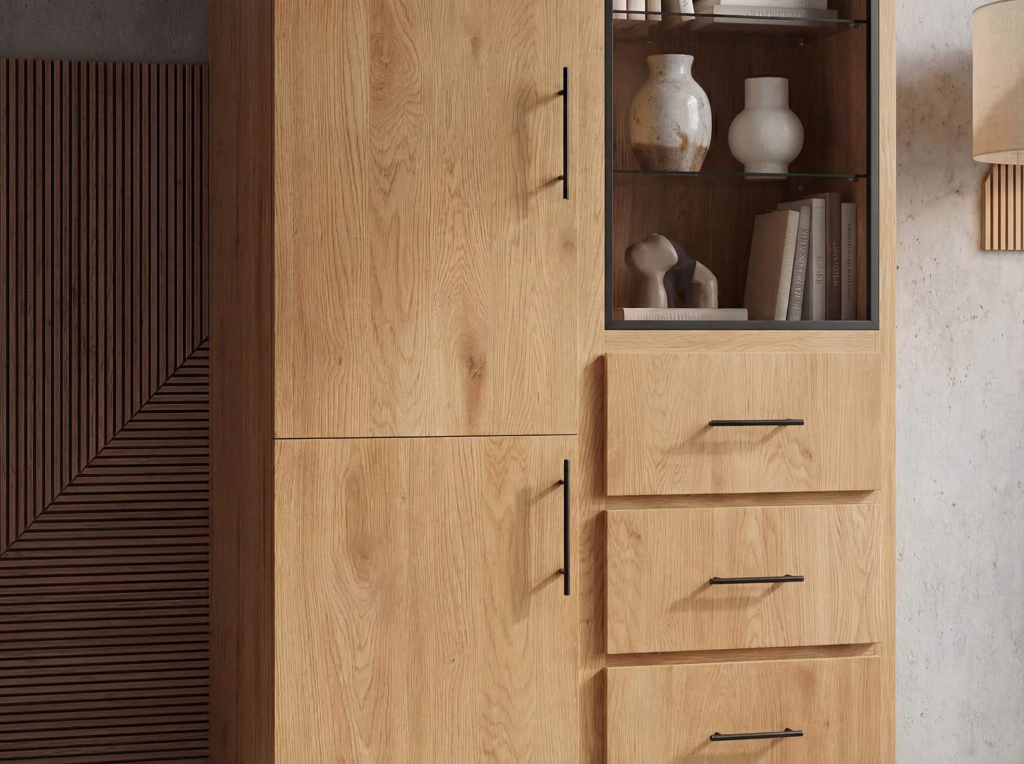 Hochschrank 188cm Eiche Dekor Standschrank mit Türen Schubladen Mehrzweckschrank – Ansicht 5