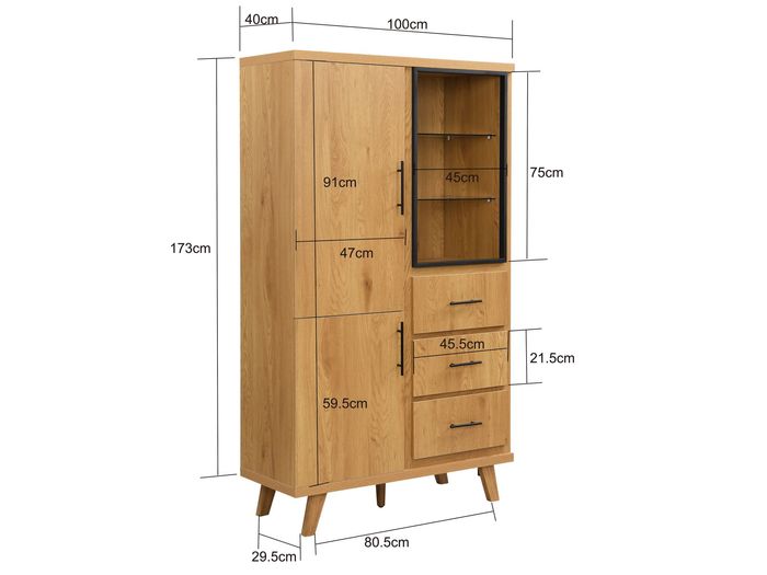 Hochschrank 188cm Eiche Dekor Standschrank mit Türen Schubladen Mehrzweckschrank – Maßzeichnung