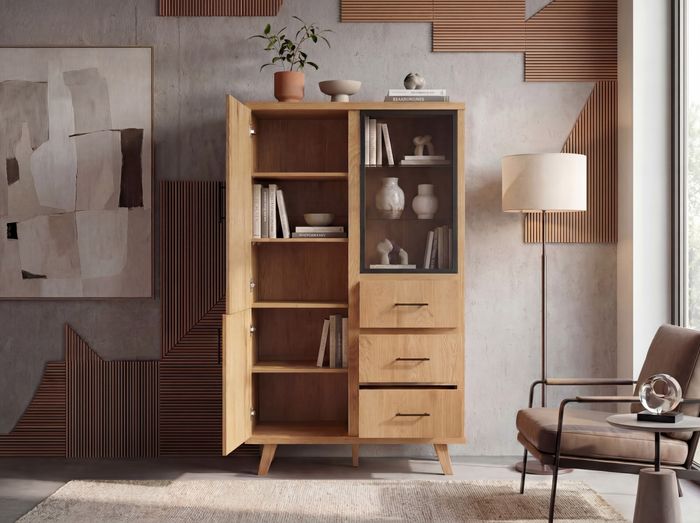 FineBuy Hochschrank MDF 188cm Eiche Dekor Groß mit Türen und Schubladen - Design Standschrank - Mehrzweckschrank Holzoptik - Wohnzimmerschrank Modern - Esszimmerschrank mit Regal