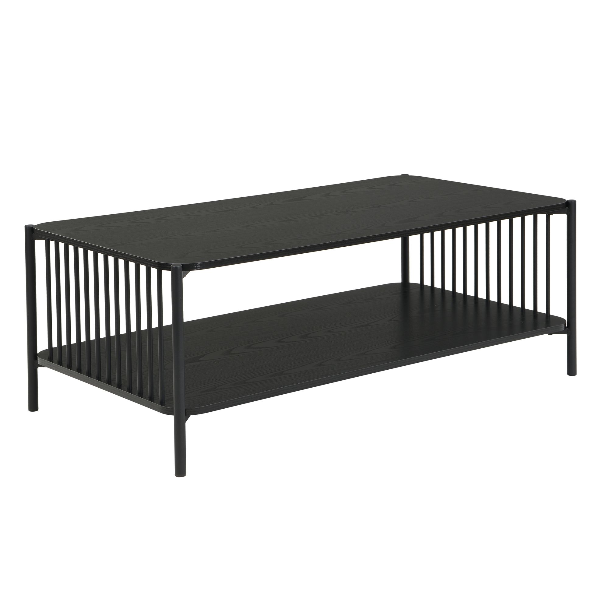 FineBuy Couchtisch 110x60cm Eiche Optik Schwarz Rechteckig - Design Sofatisch Metall - Wohnzimmertisch Ablage - Loungetisch Stauraum - Beistelltisch Kaffeetisch