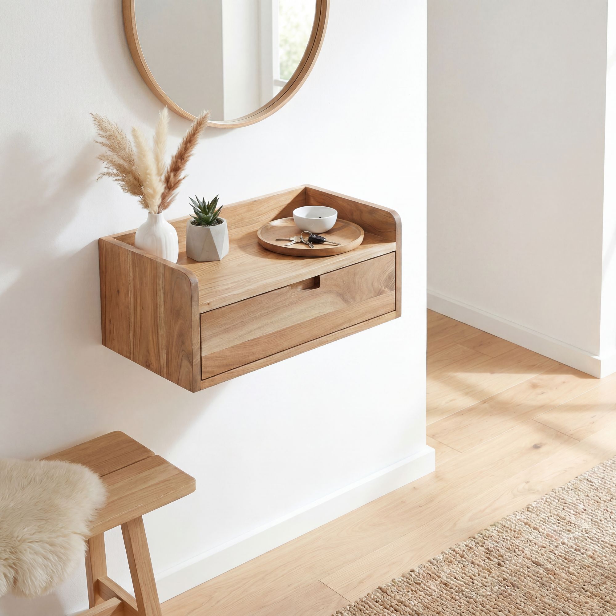 Wandregal Akazie 45x30cm Hängeregal Schublade Holz Massiv Wandboard Regal Wand – Ansicht 1