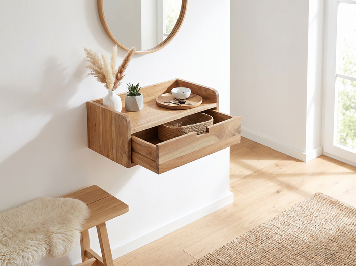 FineBuy Wandregal Akazie Massivholz 45x30cm Schwebendes Regal mit Schublade - Design Schweberegal - Hängeregal Holz - Wandboard Handmade