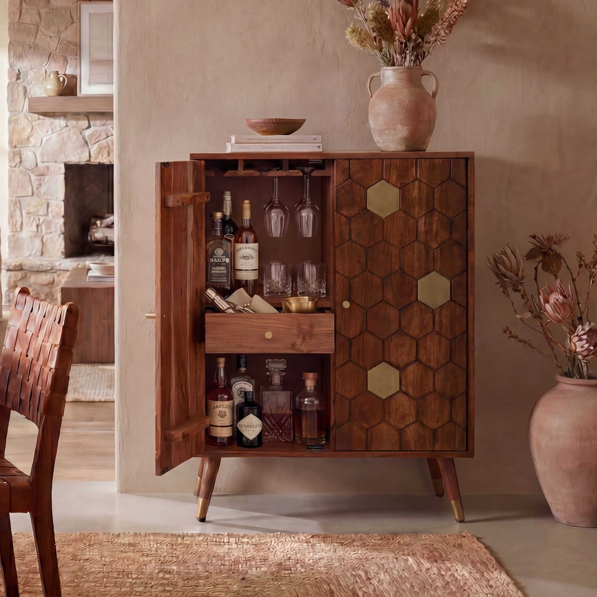 Hausbar Massivholz 75cm Barschrank Weinschrank Waben Muster Bar Möbel Handmade – Ansicht 1