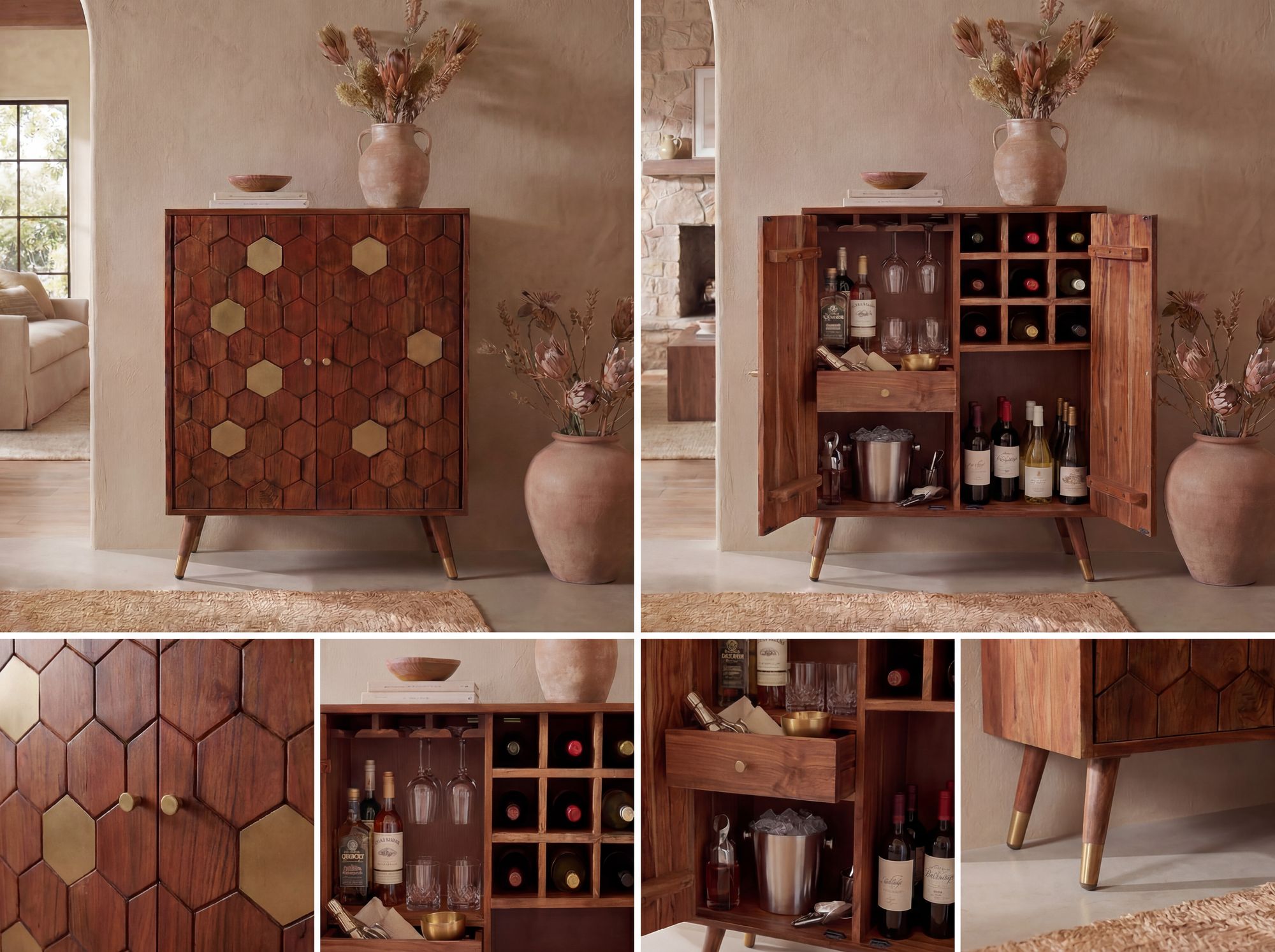 Hausbar Massivholz 75cm Barschrank Weinschrank Waben Muster Bar Möbel Handmade – Ansicht 5