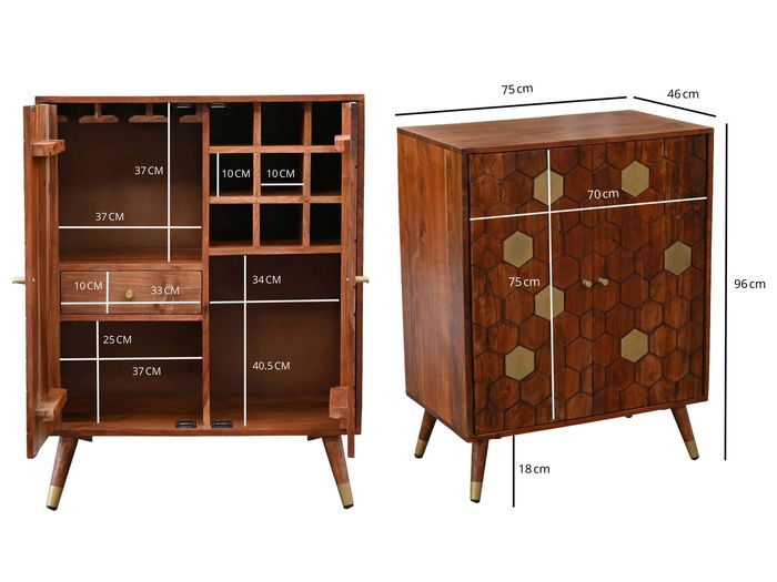 Hausbar Massivholz 75cm Barschrank Weinschrank Waben Muster Bar Möbel Handmade – Maßzeichnung