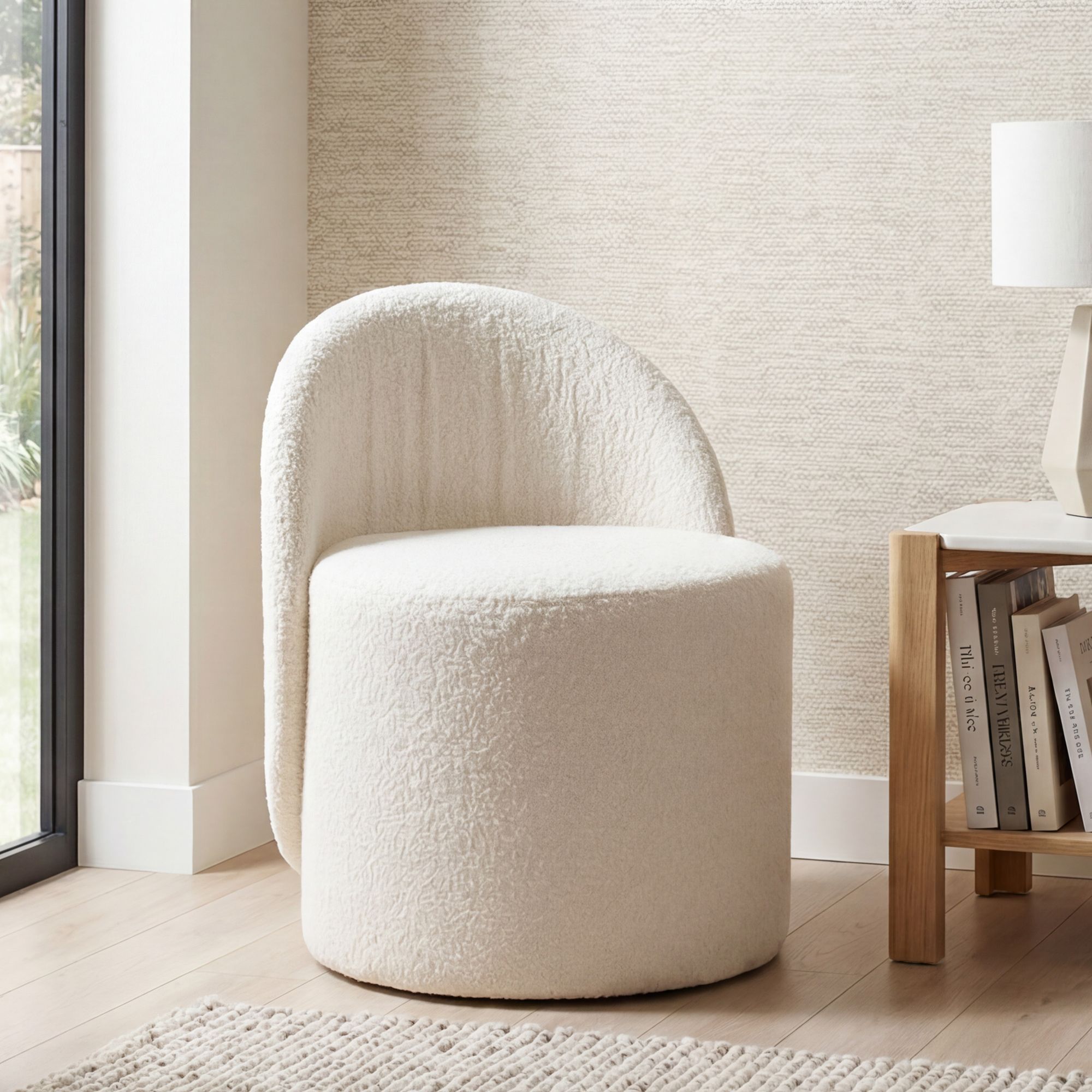 Sitzhocker Teddy Stoff 40cm Creme Stoffhocker Rund Polsterhocker Rückenlehne – Ansicht 1