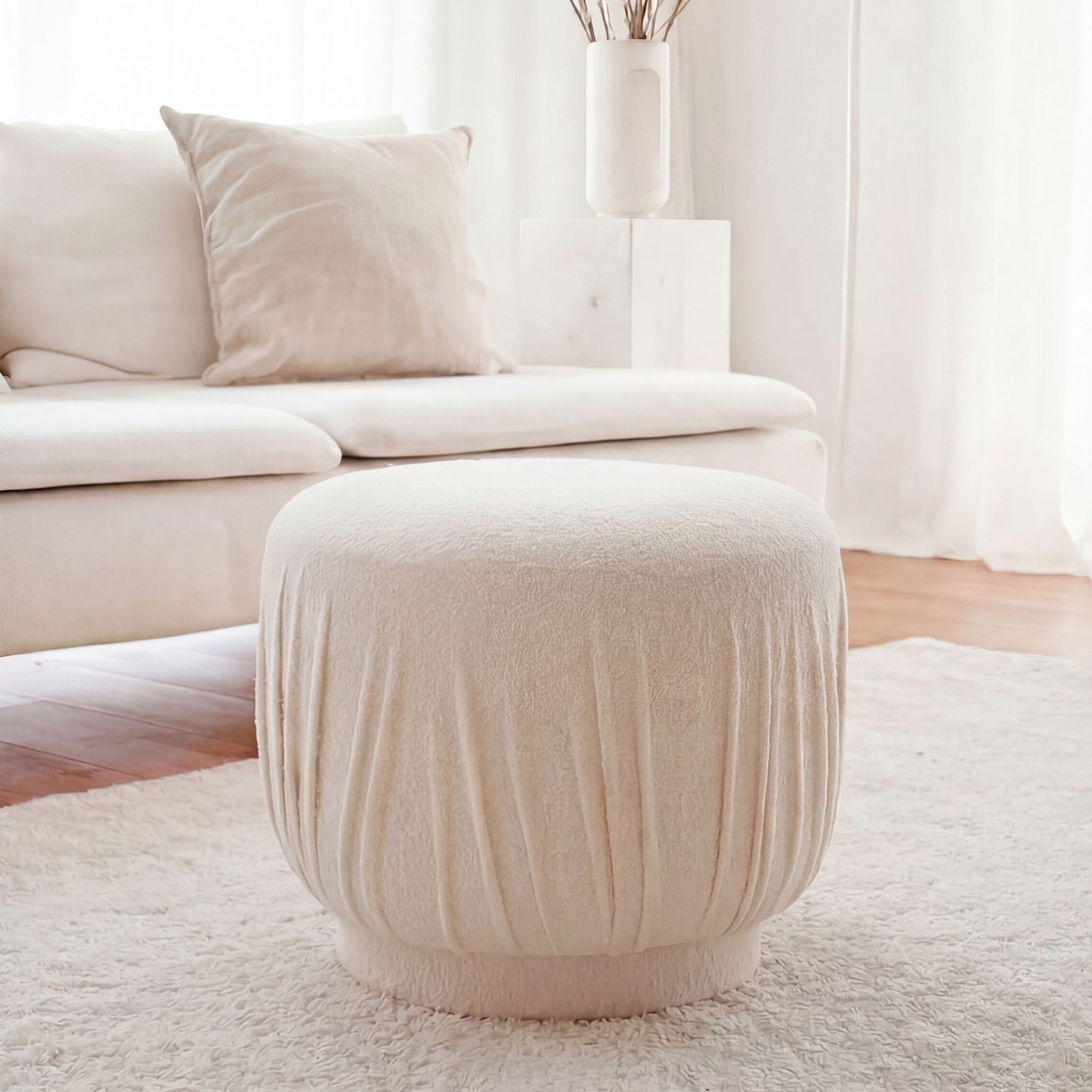 Sitzhocker Stoff 50cm Creme Stoffhocker Rund Polsterhocker Beistellhocker Klein – Ansicht 1