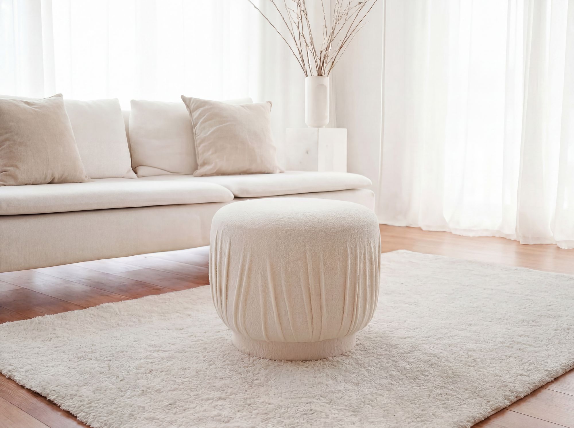 Sitzhocker Stoff 50cm Creme Stoffhocker Rund Polsterhocker Beistellhocker Klein – Ansicht 2