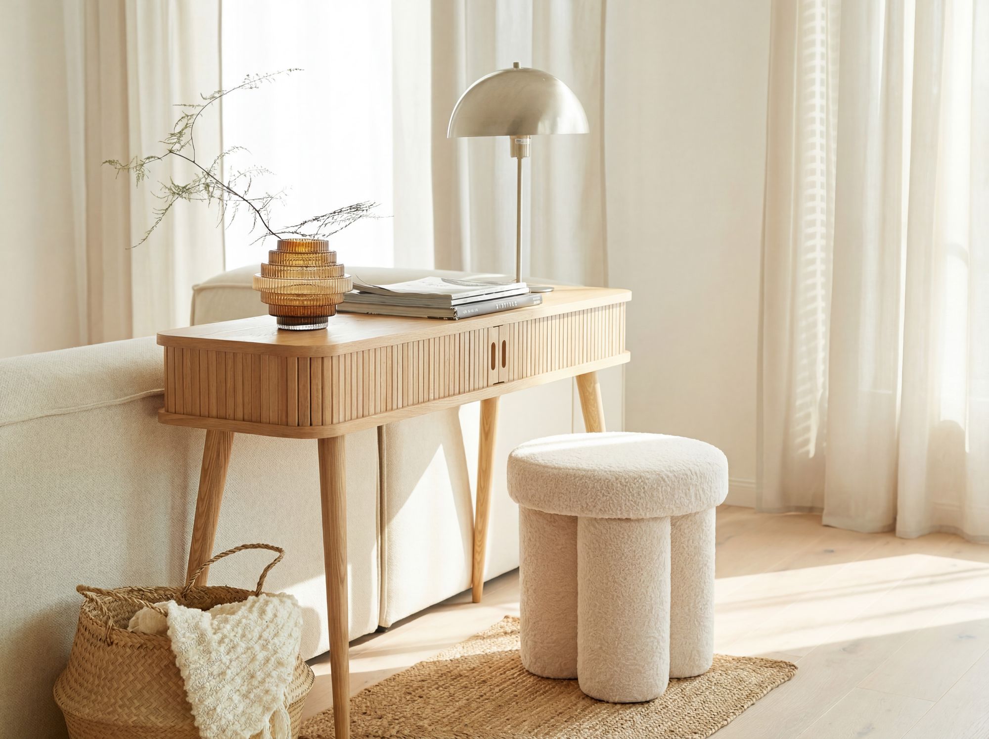 Sitzhocker Teddy Stoff 40cm Creme Stoffhocker Rund Polsterhocker Beistellhocker – Ansicht 2