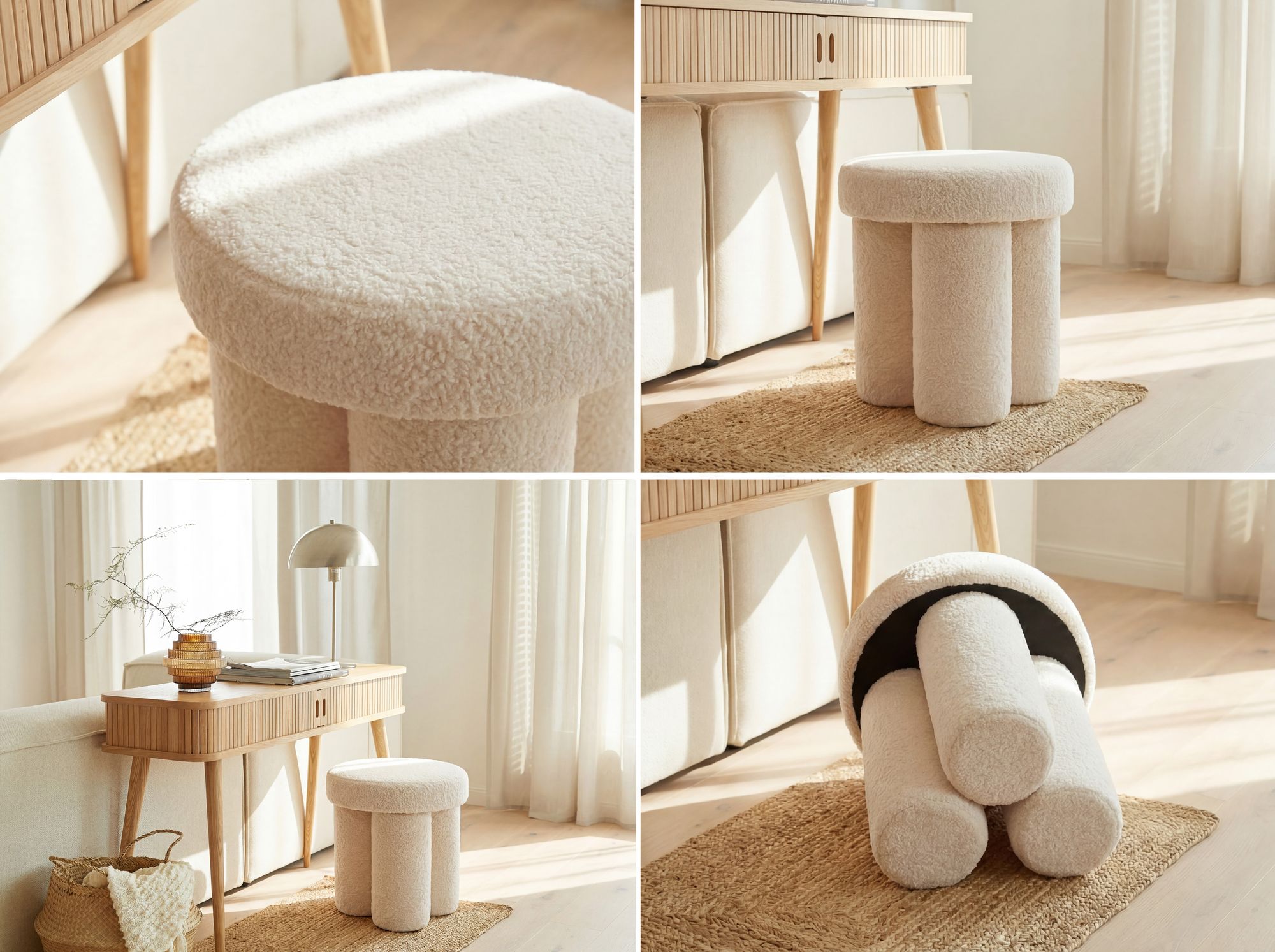 Sitzhocker Teddy Stoff 40cm Creme Stoffhocker Rund Polsterhocker Beistellhocker – Ansicht 4
