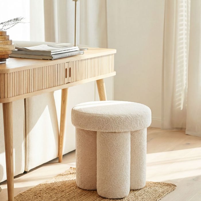 FineBuy Sitzhocker Teddy Stoff 40cm Creme Rund - Design Stoffhocker - Polsterhocker Faltenoptik - Schminktisch Hocker - Lounge Beistellhocker für Wohnzimmer Handmade