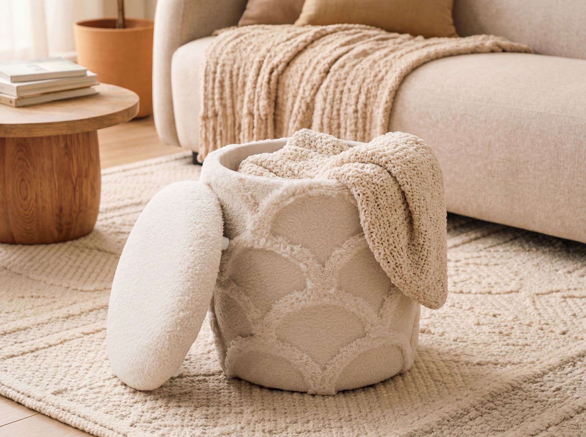 Sitzhocker mit Stauraum Teddy Stoff 40cm Creme Stoffhocker Rund Polsterhocker – Ansicht 5