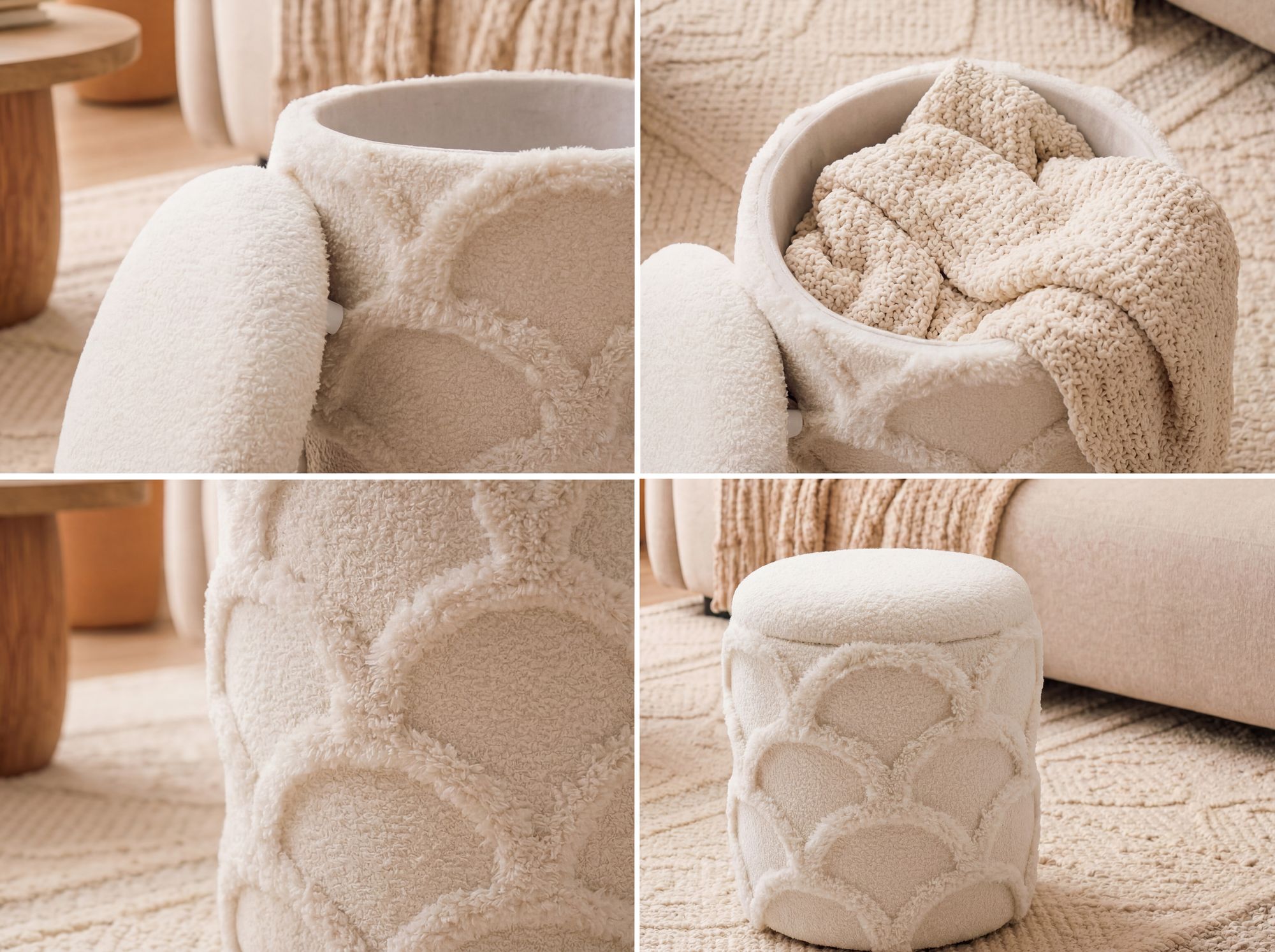 Sitzhocker mit Stauraum Teddy Stoff 40cm Creme Stoffhocker Rund Polsterhocker – Ansicht 4