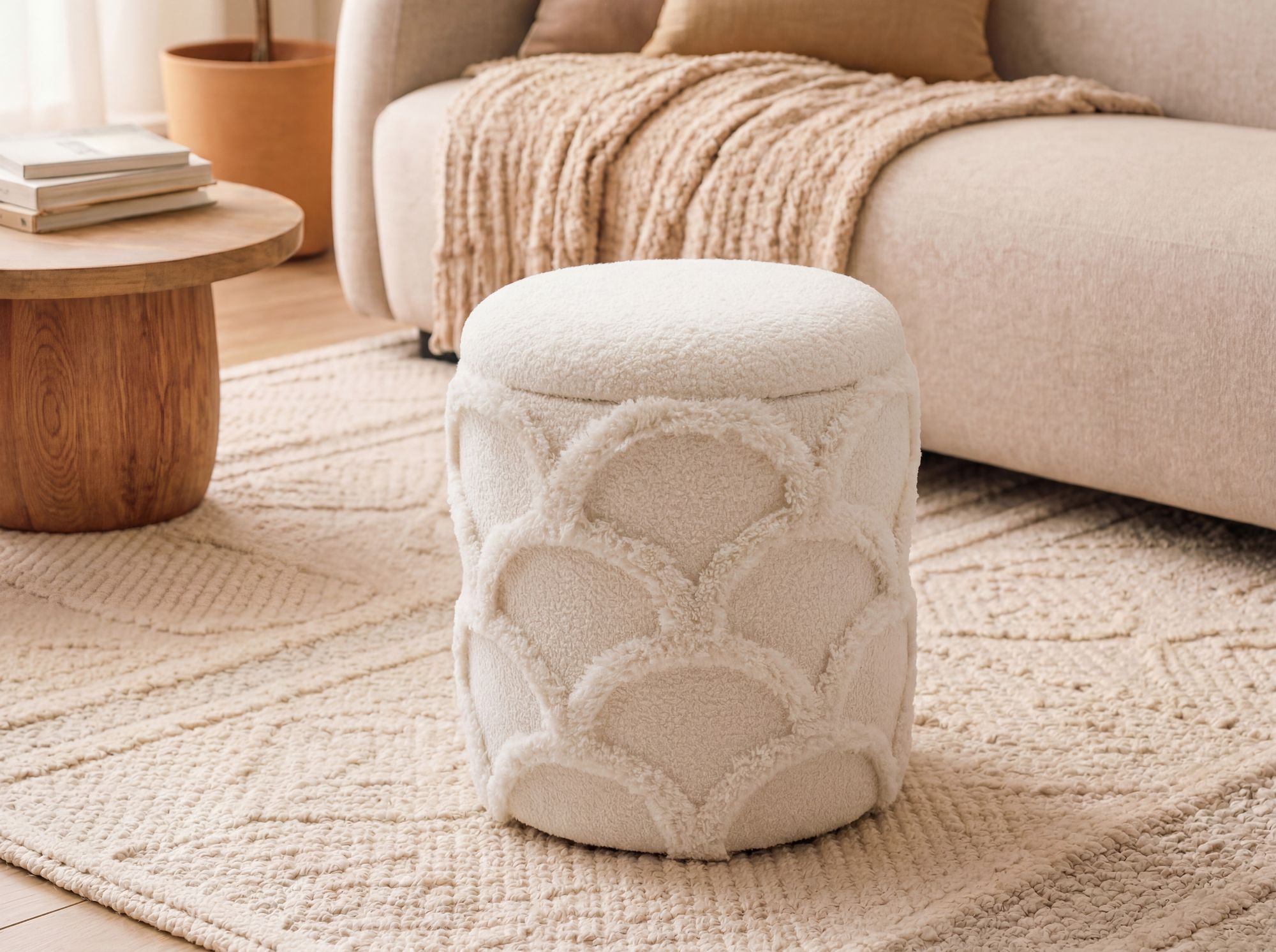 Sitzhocker mit Stauraum Teddy Stoff 40cm Creme Stoffhocker Rund Polsterhocker – Ansicht 2