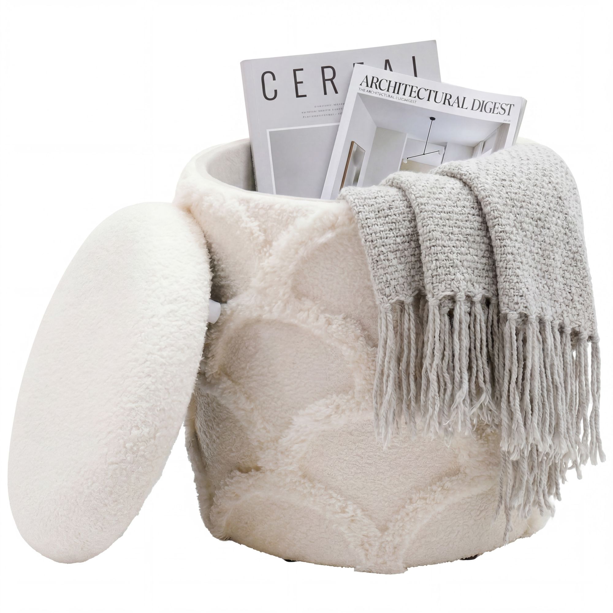 Sitzhocker mit Stauraum Teddy Stoff 40cm Creme Stoffhocker Rund Polsterhocker – Ansicht 6