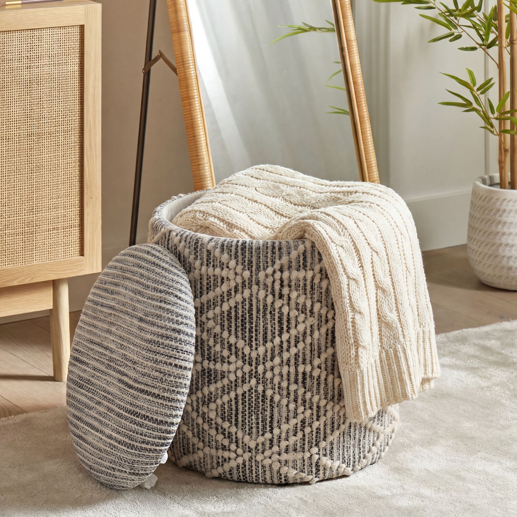 Sitzhocker mit Stauraum Stoff 40cm Grau Stoffhocker Rund Polsterhocker Hocker – Ansicht 1
