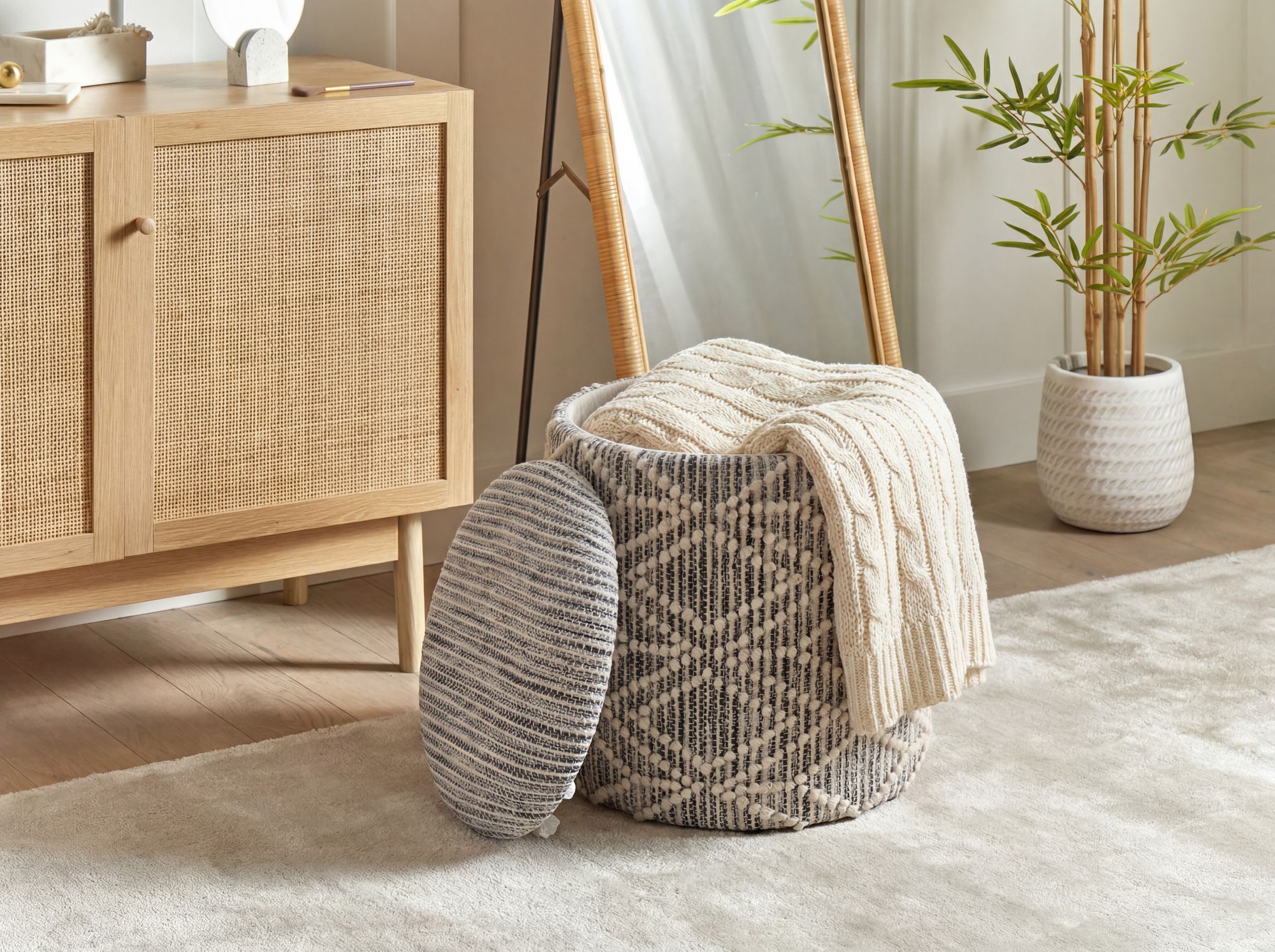 Sitzhocker mit Stauraum Stoff 40cm Grau Stoffhocker Rund Polsterhocker Hocker – Ansicht 4