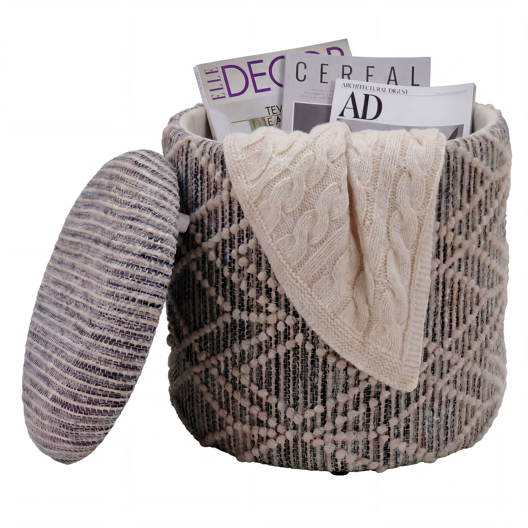 Sitzhocker mit Stauraum Stoff 40cm Grau Stoffhocker Rund Polsterhocker Hocker – Ansicht 6