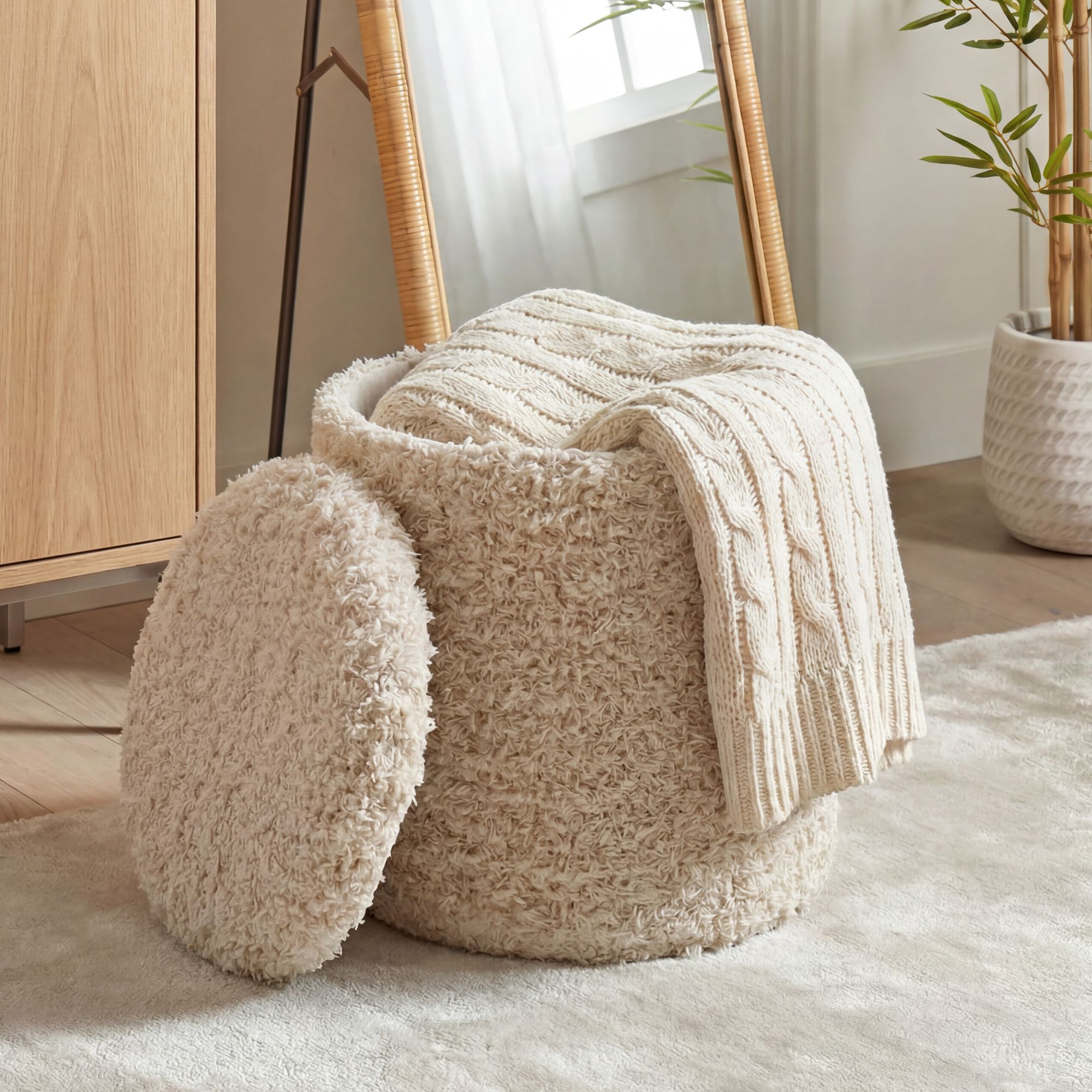Sitzhocker mit Stauraum Wolle 40cm Beige Stoffhocker Rund Polsterhocker Stoff – Ansicht 1
