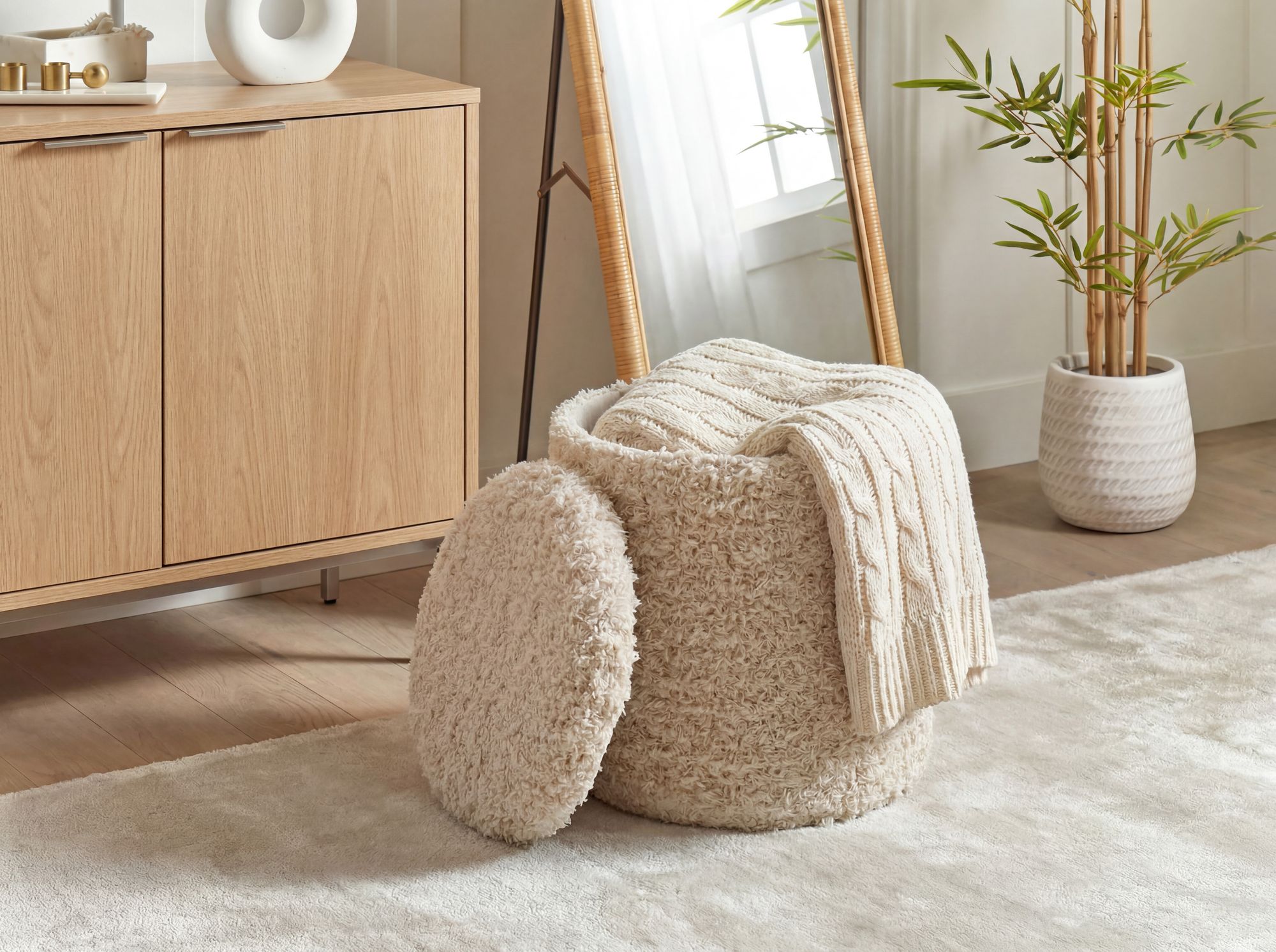 Sitzhocker mit Stauraum Wolle 40cm Beige Stoffhocker Rund Polsterhocker Stoff – Ansicht 5