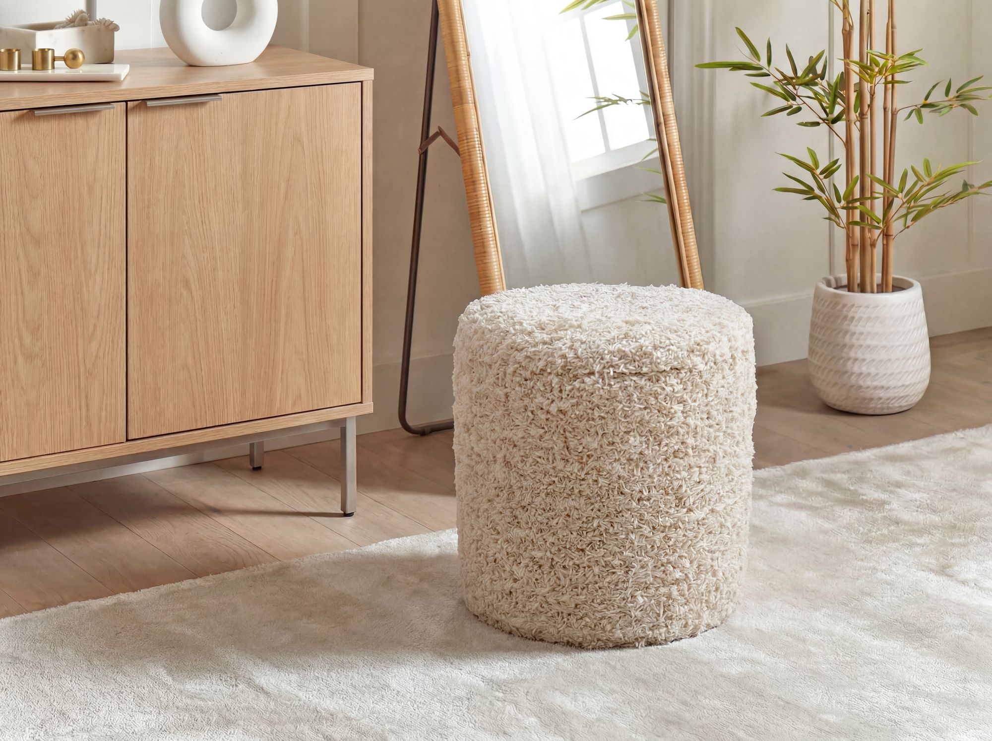 Sitzhocker mit Stauraum Wolle 40cm Beige Stoffhocker Rund Polsterhocker Stoff – Ansicht 2