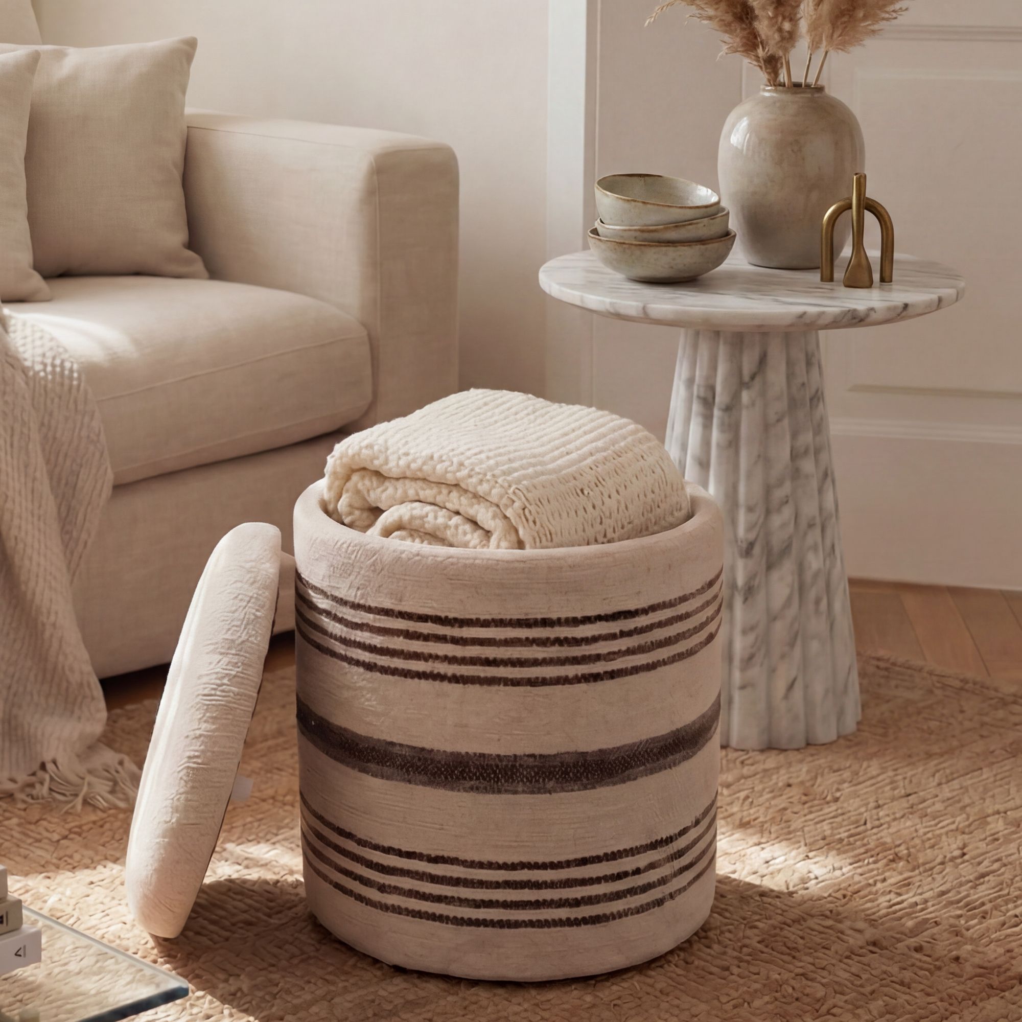 Sitzhocker mit Stauraum Wolle 40cm Beige Stoffhocker Rund Polsterhocker Stoff – Ansicht 1