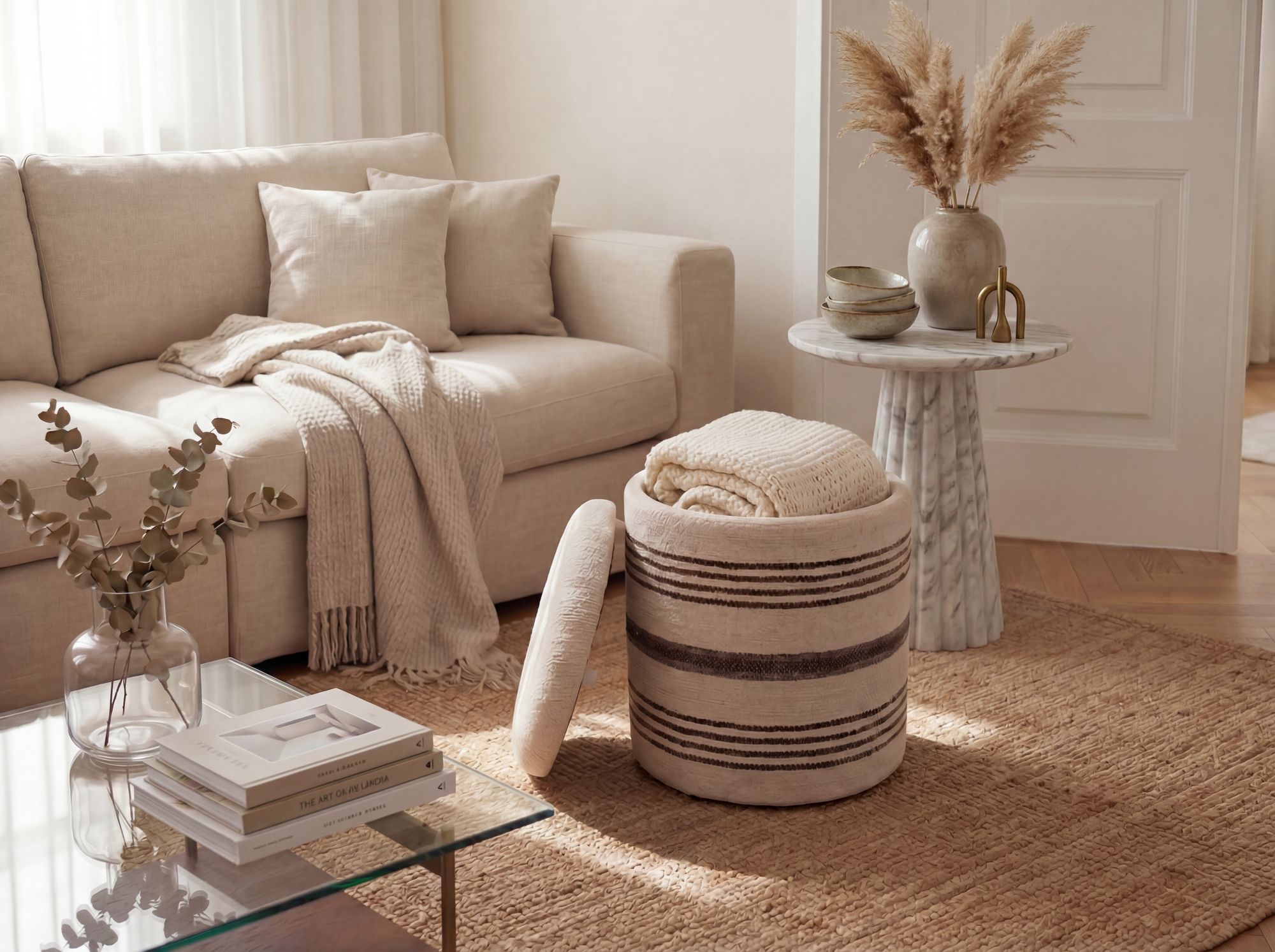 Sitzhocker mit Stauraum Wolle 40cm Beige Stoffhocker Rund Polsterhocker Stoff – Ansicht 2