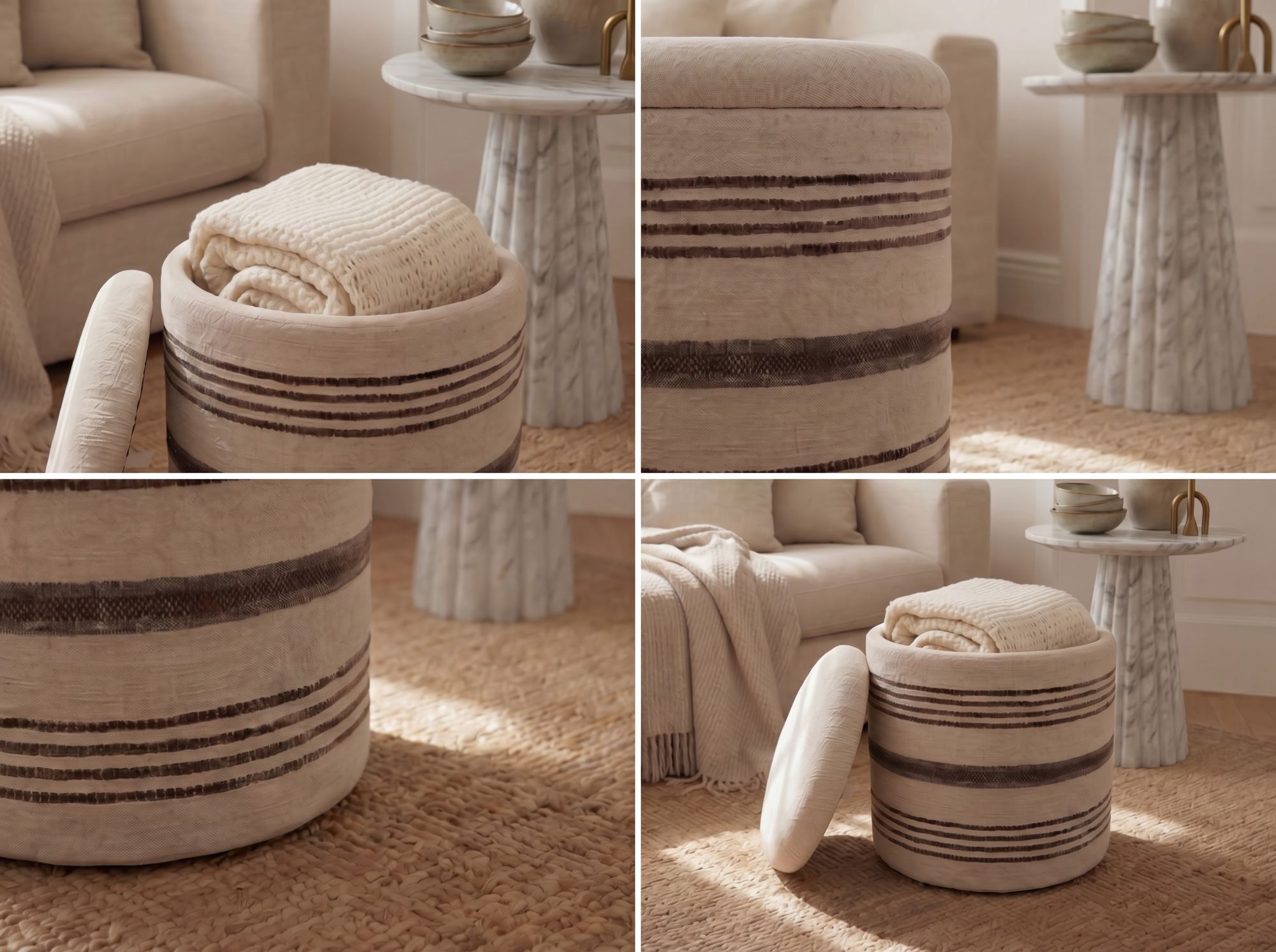 Sitzhocker mit Stauraum Wolle 40cm Beige Stoffhocker Rund Polsterhocker Stoff – Ansicht 4