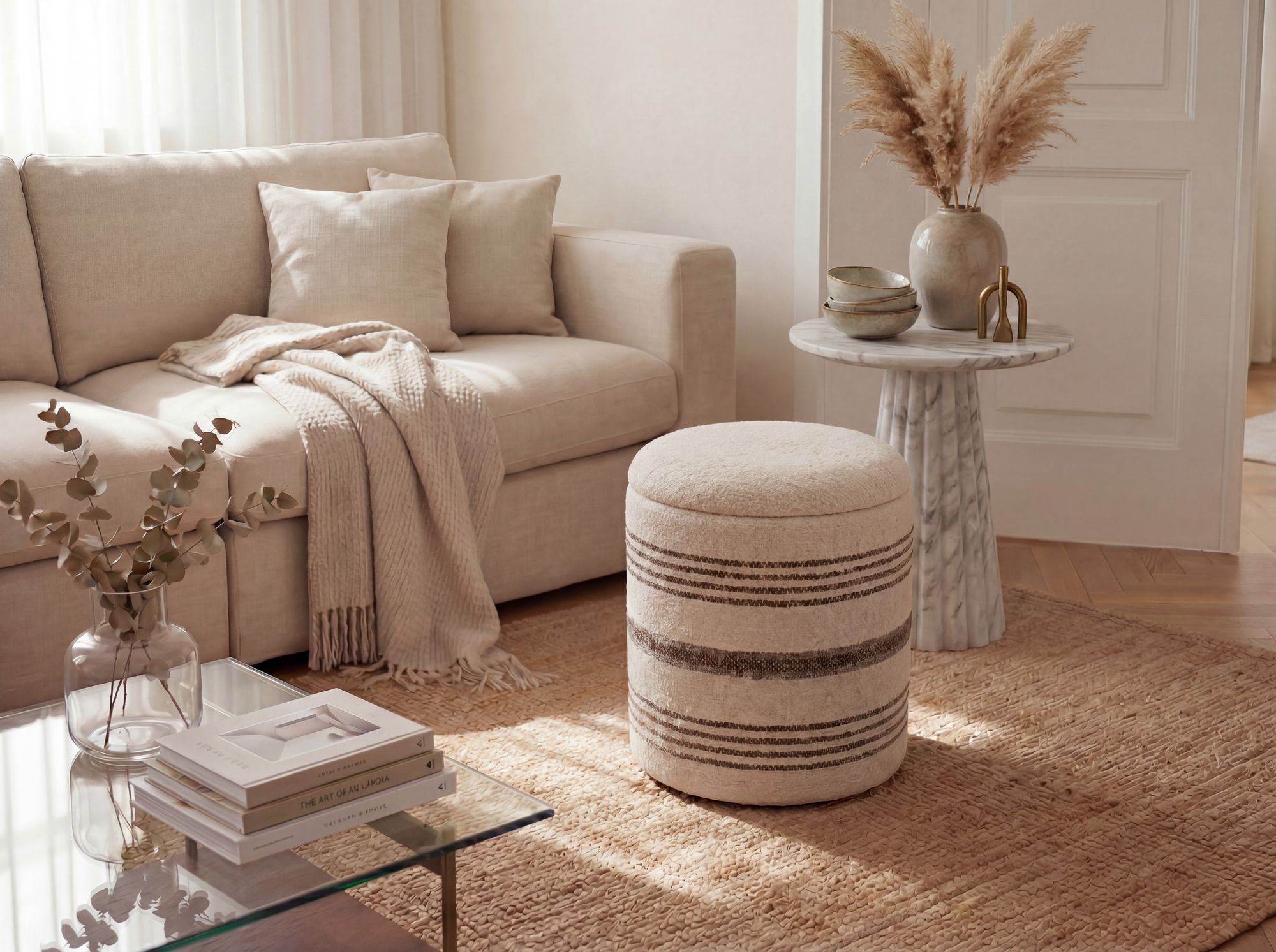 Sitzhocker mit Stauraum Wolle 40cm Beige Stoffhocker Rund Polsterhocker Stoff – Ansicht 5