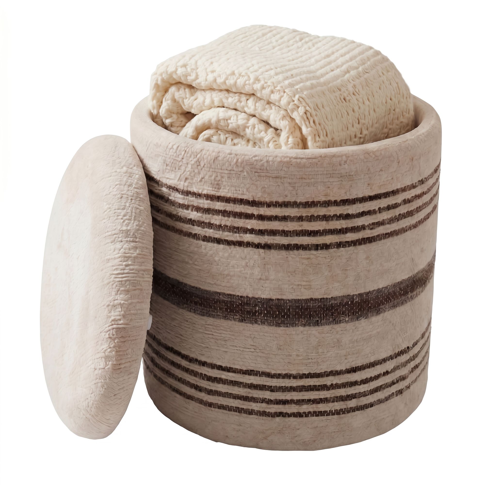 Sitzhocker mit Stauraum Wolle 40cm Beige Stoffhocker Rund Polsterhocker Stoff – Ansicht 6