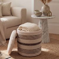 Sitzhocker mit Stauraum Wolle 40cm Beige Stoffhocker Rund Polsterhocker Stoff – Ansicht 1