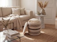 Sitzhocker mit Stauraum Wolle 40cm Beige Stoffhocker Rund Polsterhocker Stoff – Ansicht 2