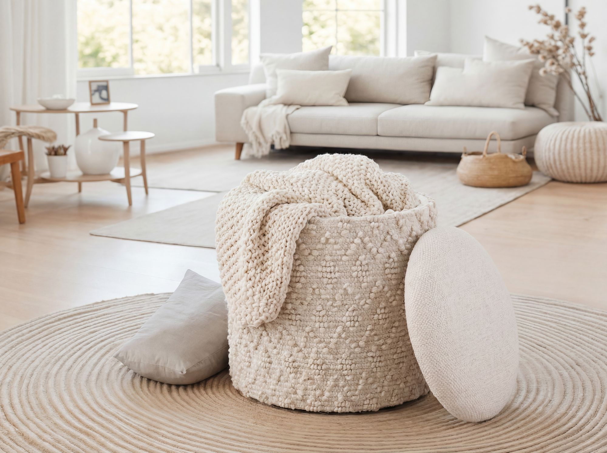 Sitzhocker mit Stauraum Wolle 40cm Creme Stoffhocker Rund Polsterhocker Stoff – Ansicht 2
