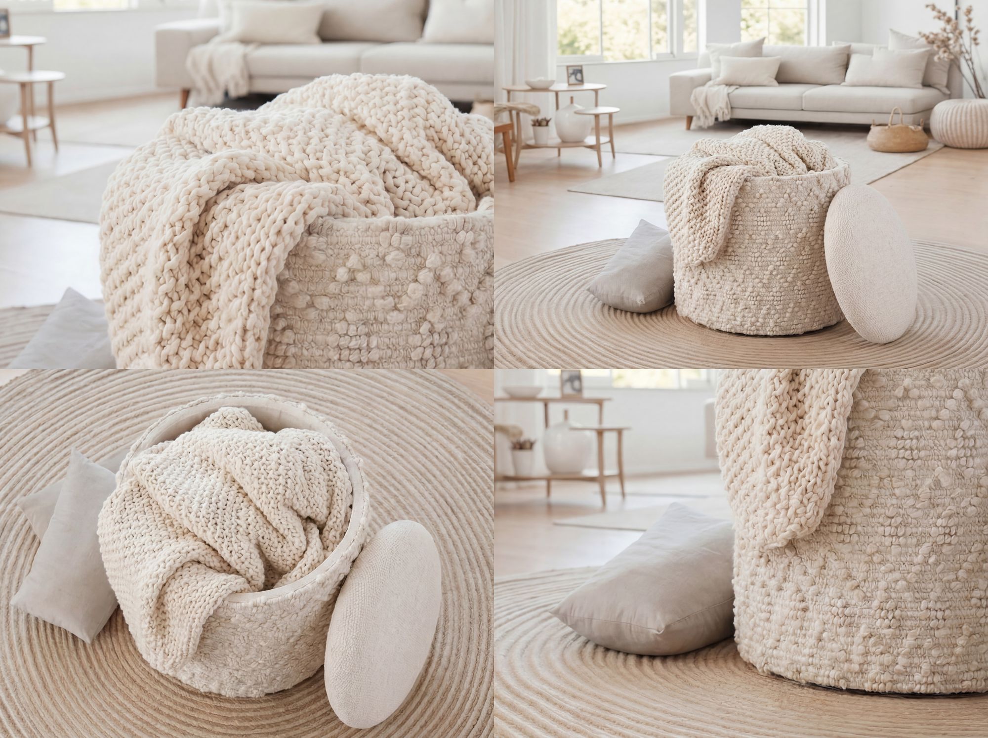Sitzhocker mit Stauraum Wolle 40cm Creme Stoffhocker Rund Polsterhocker Stoff – Ansicht 4