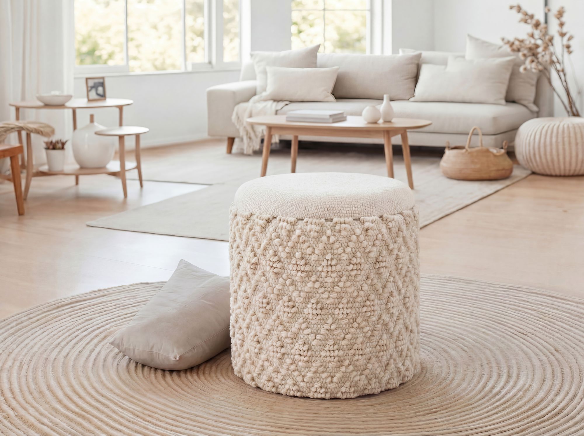 Sitzhocker mit Stauraum Wolle 40cm Creme Stoffhocker Rund Polsterhocker Stoff – Ansicht 5